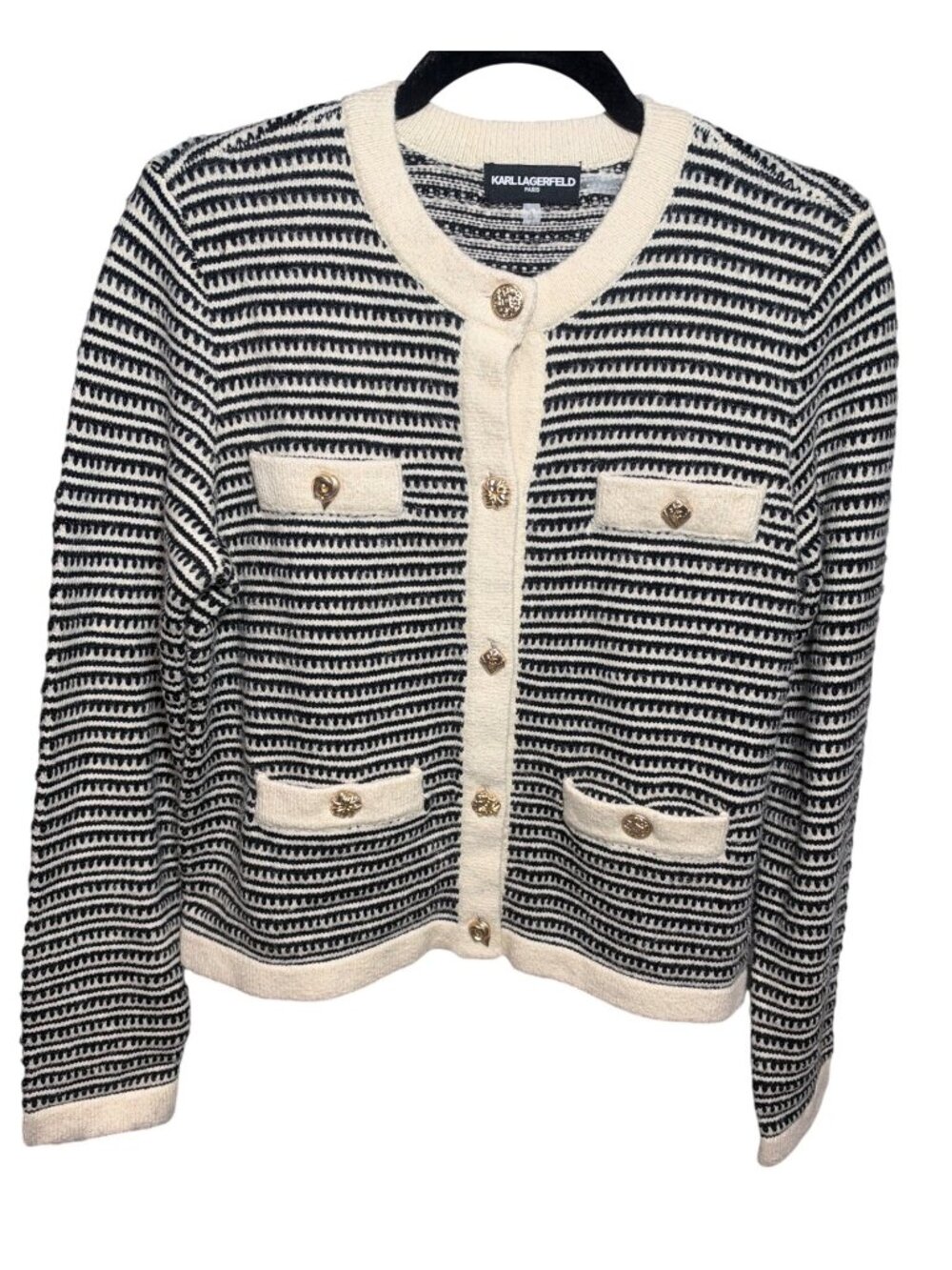 NWT Karl Lagerfeld Paris Striped Crewneck Cardigan Sweater S MSRP $139